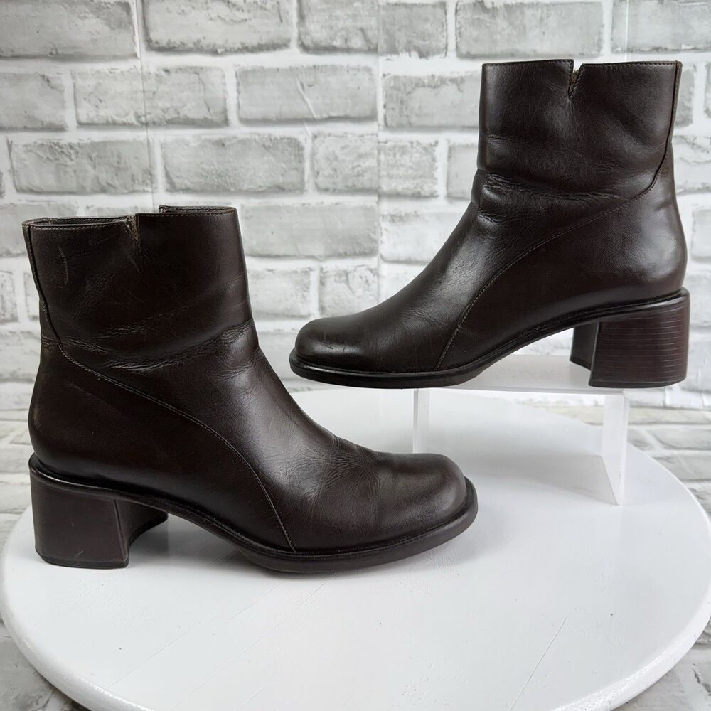 Diba Women's Size 8 VINTAGE Brown Leather Block Heel Chunky Y2K Zip Boots